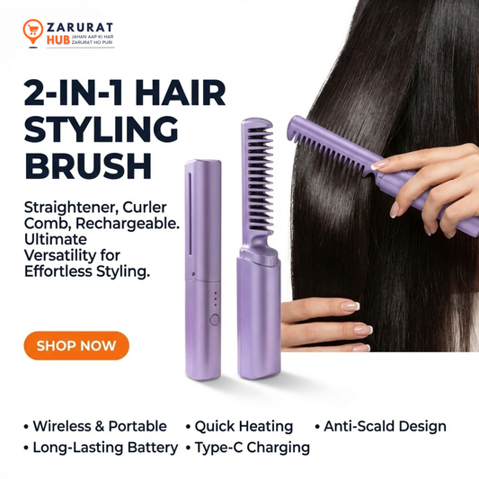 Cordless 2-in-1 Hair Straightener & Curler Brush - Portable Styling