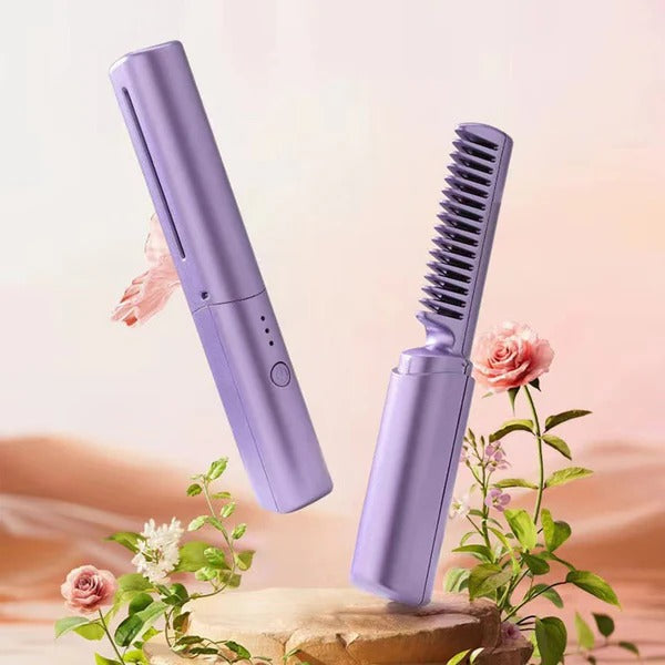 Cordless 2-in-1 Hair Straightener & Curler Brush - Portable Styling