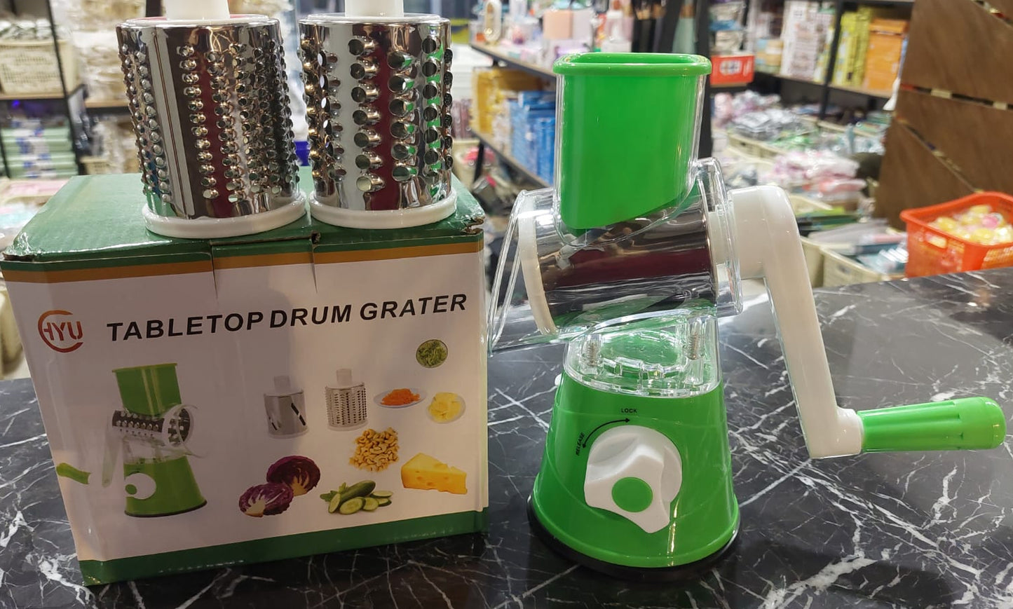 Multi-Functional TableTop Drum Grater & Vegetable Slicer (3 Blades)