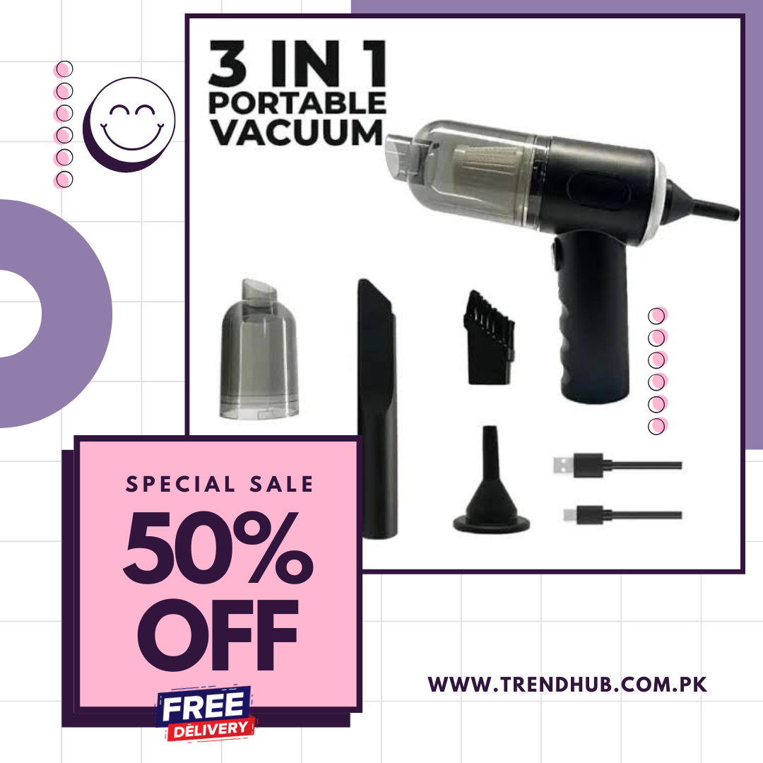 3 in 1 Portable Wireless Vacuum Cleaner – High Power Suction, Air Pump & Duster for Home, Car & Laptop