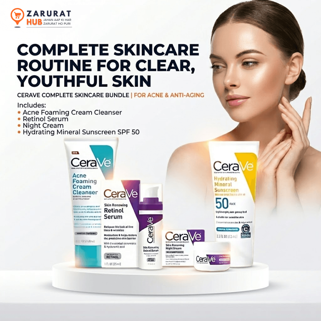 CeraVe 4-in-1 Skincare Kit: Night Cream, Sunblock, Cleanser & Serum for Radiant Skin