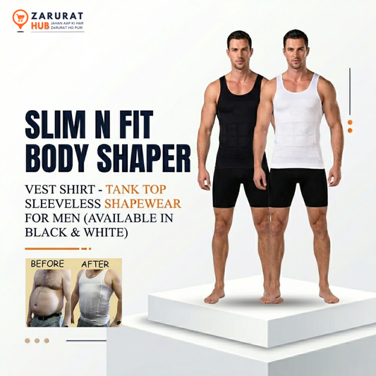 Slim N Fit Men’s Body Shaper Vest – Compression Tank Top for Slim Look & Better Posture (Black/White)