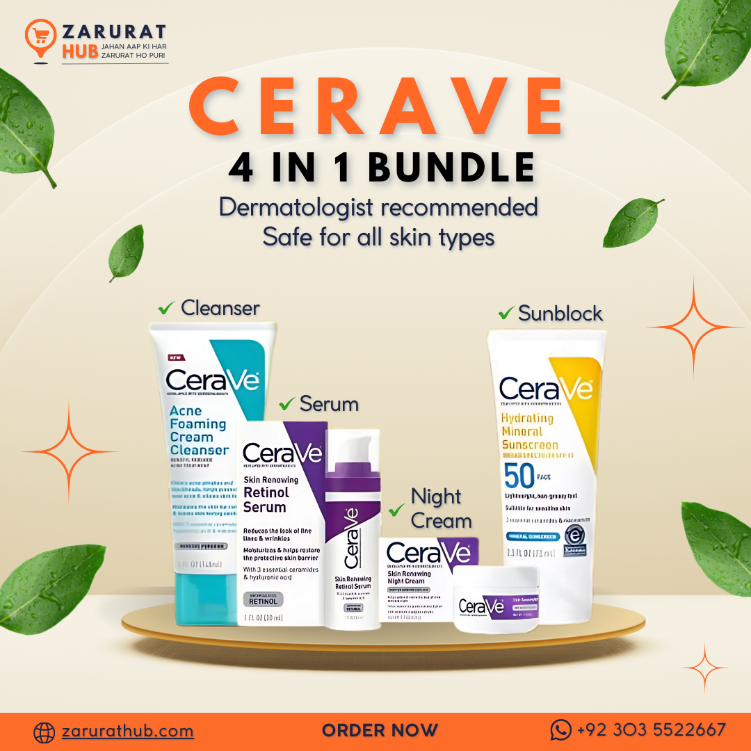 CeraVe 4-in-1 Skincare Bundle: Night Cream, Sunblock, Cleanser & Serum for Radiant Skin