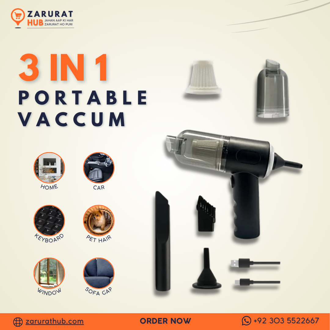 3 in 1 Portable Wireless Vacuum Cleaner – High Power Suction, Air Pump & Duster for Home, Car & Laptop