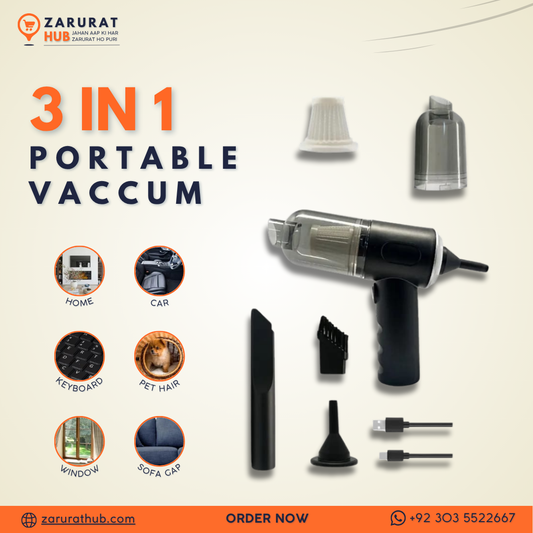 3 in 1 Portable Wireless Vacuum Cleaner – High Power Suction, Air Pump & Duster for Home, Car & Laptop