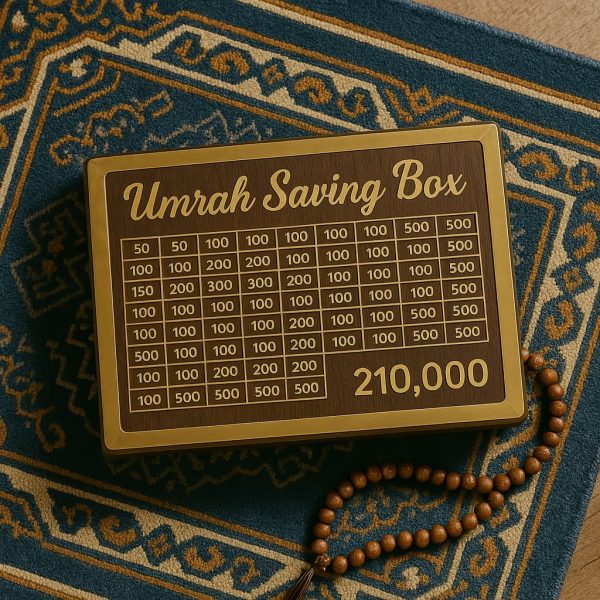Umrah Saving Box - Dark Brown Wooden Money Box for Umrah Savings | Lockable Premium Design | 210,000 Capacity