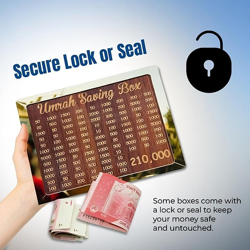 Umrah Saving Box - Dark Brown Wooden Money Box for Umrah Savings | Lockable Premium Design | 210,000 Capacity